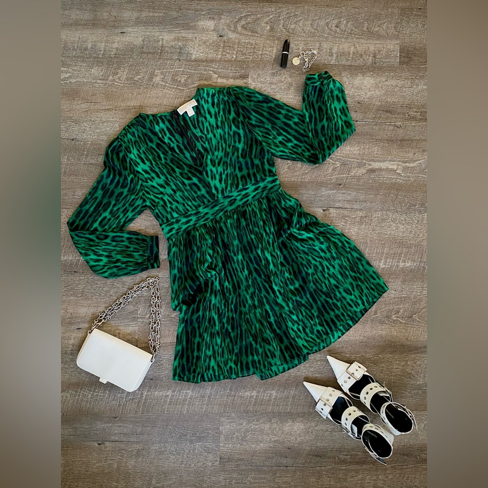 MICHAEL Michael Kors Sheer Animal Print Dress in Palmetto Green, Size 8